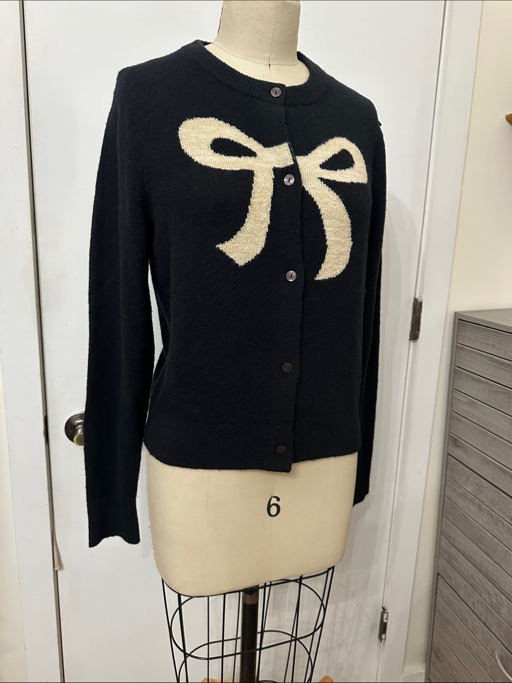 J. Crew Black Crewneck Cardigan with Cream Bow Motif